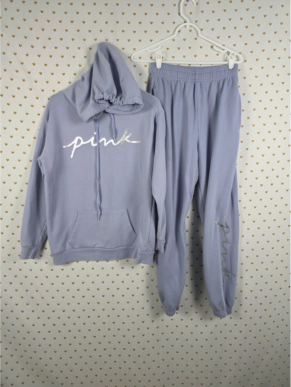 Victorias Secret Pink 2pc Hooded Sweater Sweatpants SET Logo Pullover XS Blue